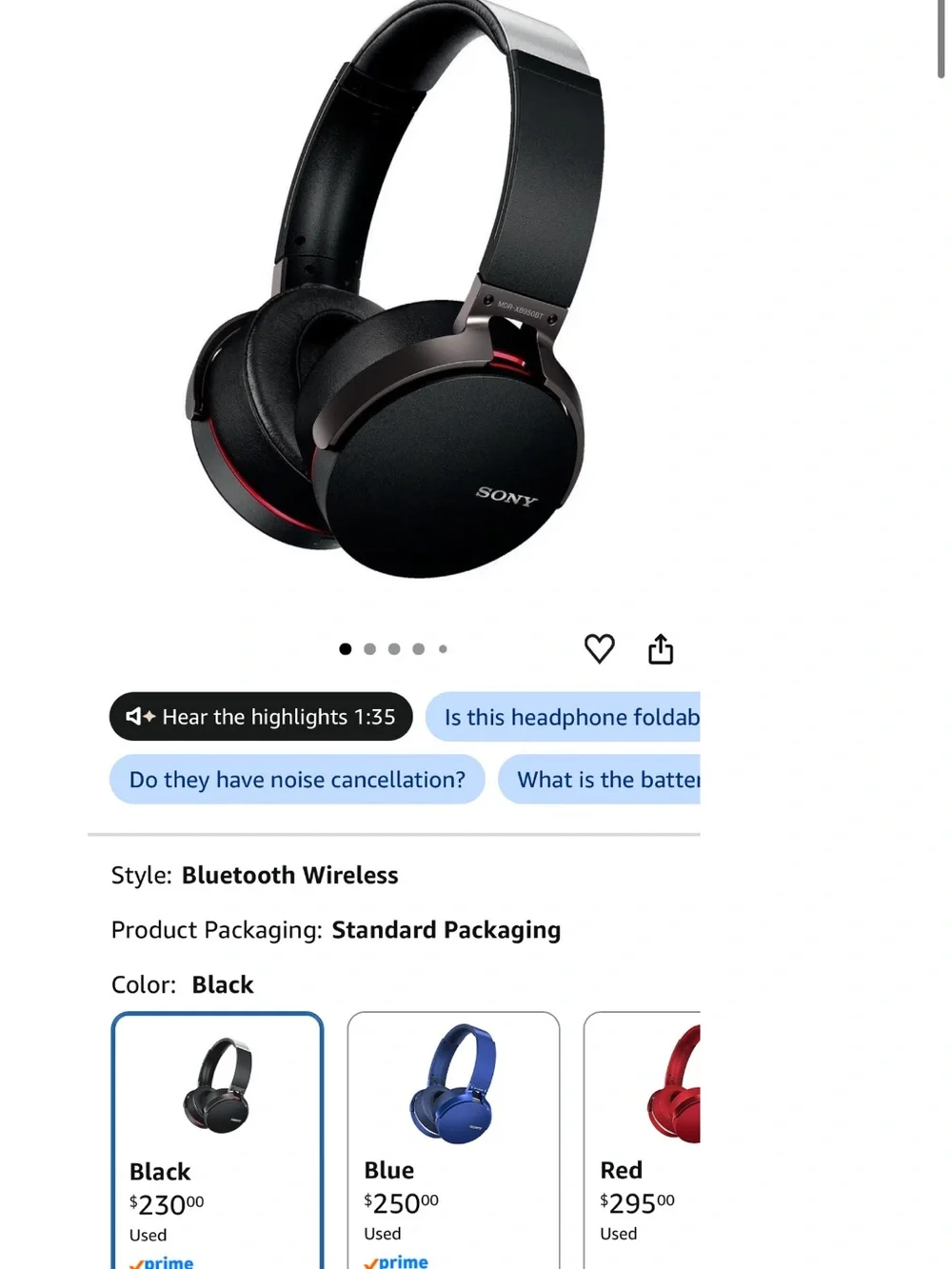 Sony Black Over-Ear Bluetooth Headphones with Red Accents